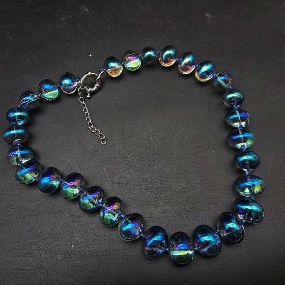 Blue Glass Aurora Borealis Beaded Necklace Iridescent Bubbles - Picture 6 of 8